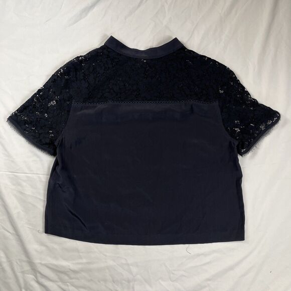 Rebecca Taylor Navy Blue Top Size 0 Silk Small Short Sleeve Round Neck Keyhole - Picture 5 of 6